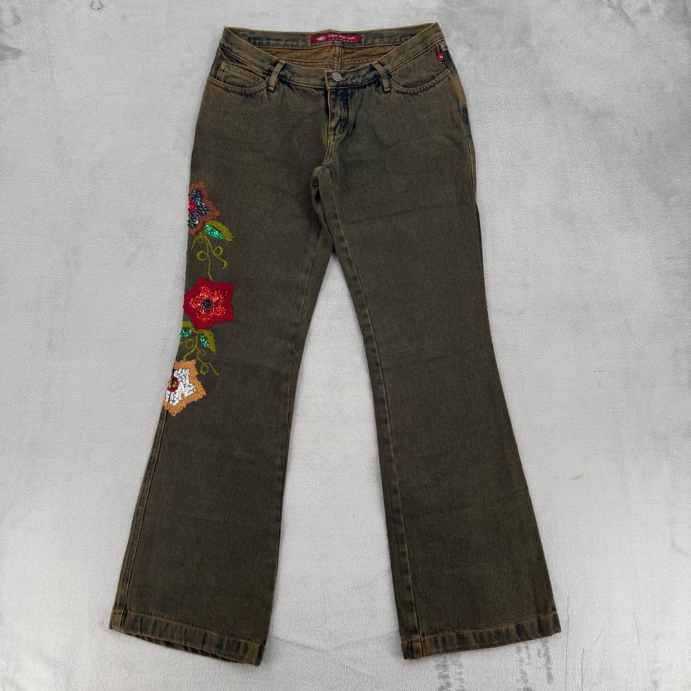 Vintage Floral Embroidered Sequin Tinted Wash Flare Jeans Olive Brown Size 6